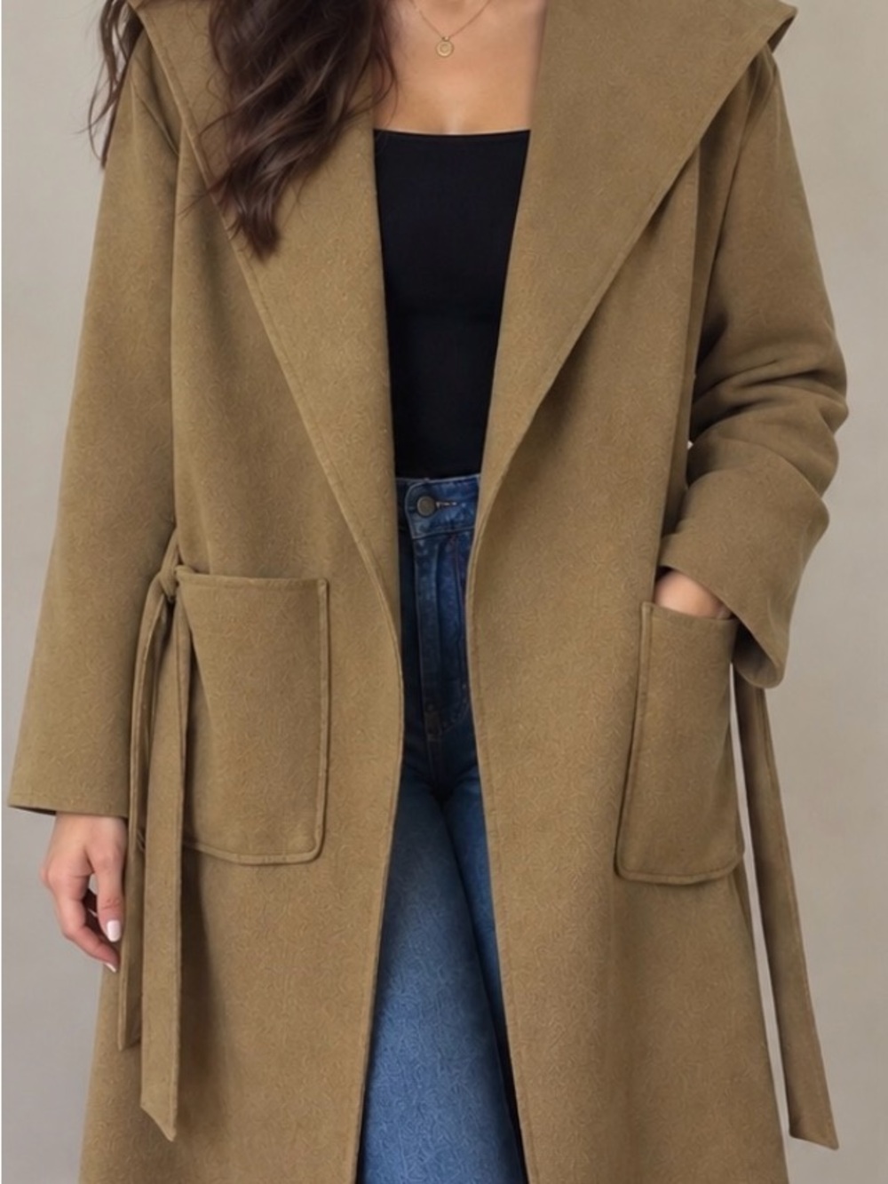 Womens Hooded Belted Long Coat in Camel